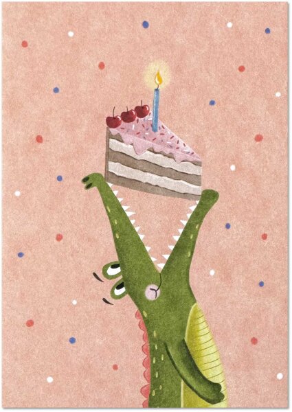 Krokodil mit Kuchen foliert mit Schutzfolie inkl. Briefmschlag